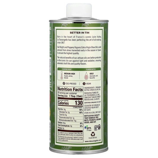 La Tourangelle
Organic Extra Virgin Olive Oil, Bright & Peppery, 25.4 fl oz (750 ml)