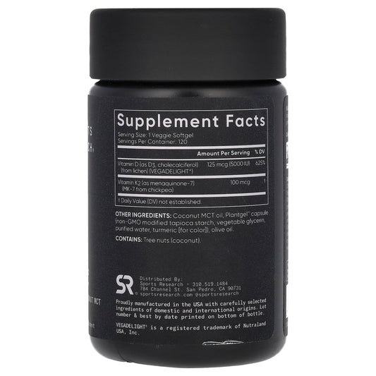 Sports Research
D3 + K2, Plant-Based, 120 Veggie Softgels