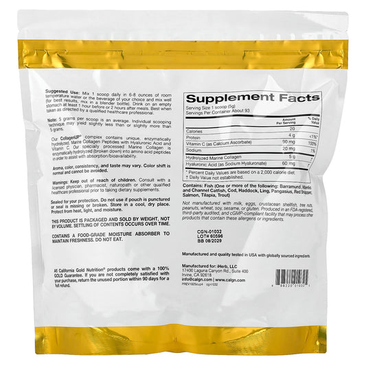 California Gold Nutrition
CollagenUP®, Hydrolysed Marine Collagen Peptides with Hyaluronic Acid and Vitamin C, Unflavoured, 1.02 lb (464 g)