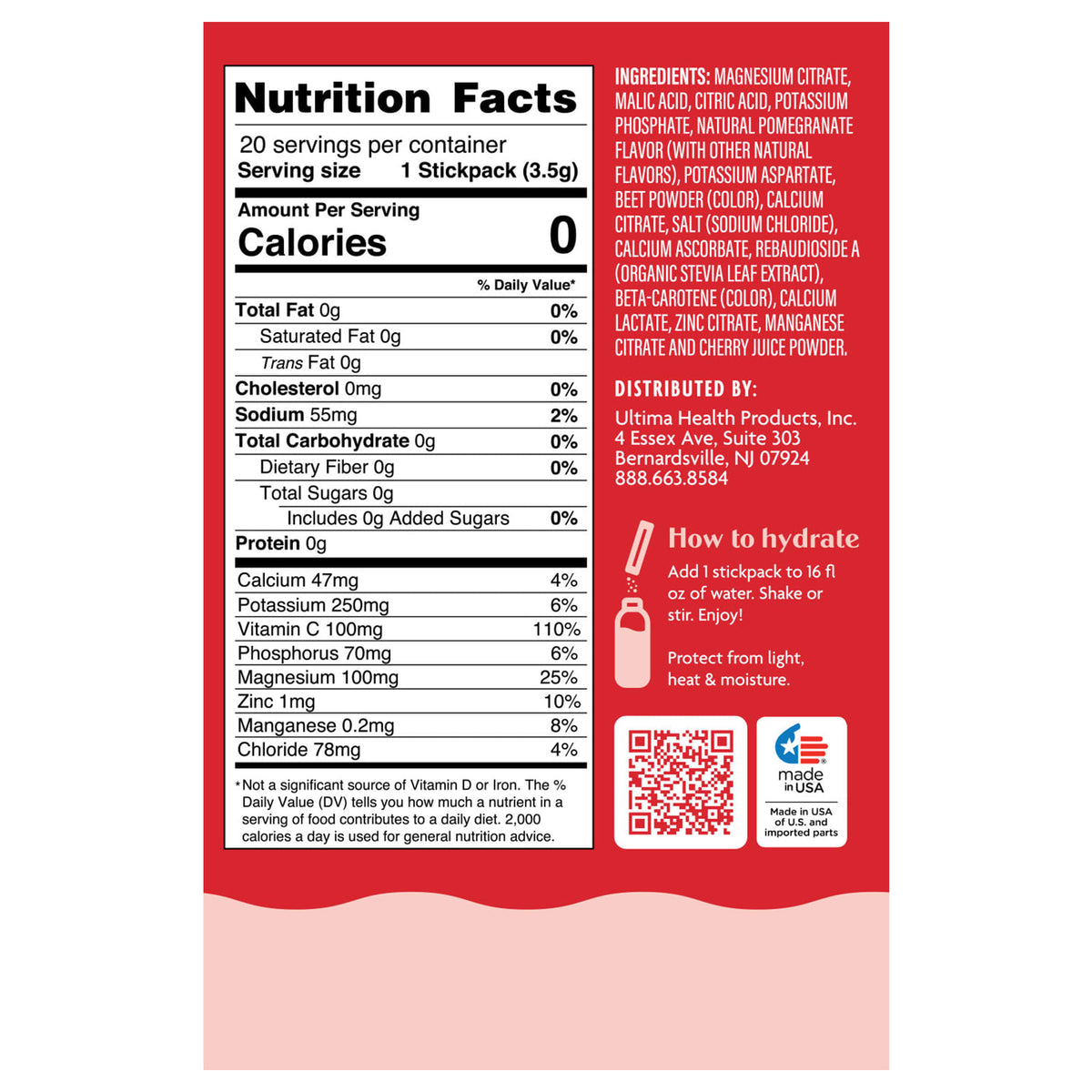 Ultima Replenisher
Electrolyte Mix, Cherry Pomegranate, 20 StickPacks, 0.12 oz (3.4 g) Each