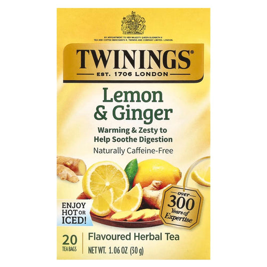 Twinings
Flavored Herbal Tea, Lemon & Ginger, Caffeine Free, 20 Tea Bags, 1.06 oz (30 g)
