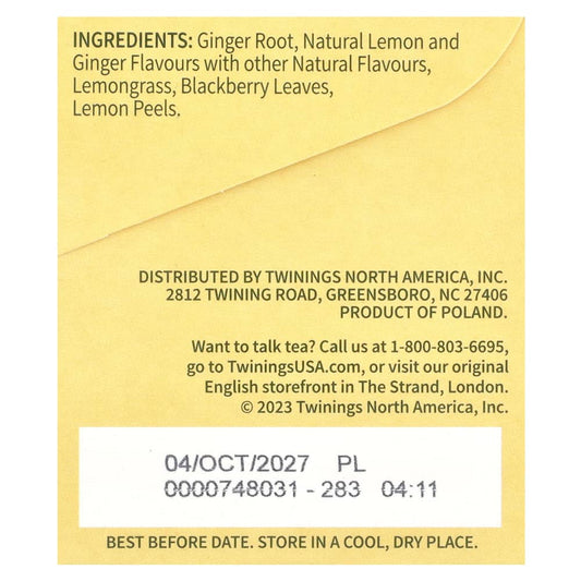 Twinings
Flavored Herbal Tea, Lemon & Ginger, Caffeine Free, 20 Tea Bags, 1.06 oz (30 g)