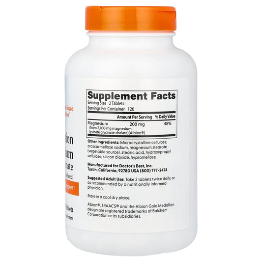Doctor's Best
High Absorption Magnesium Lysinate Glycinate, Chelated, Albion® TRAACS®, 240 Tablets (100 mg per Tablet)