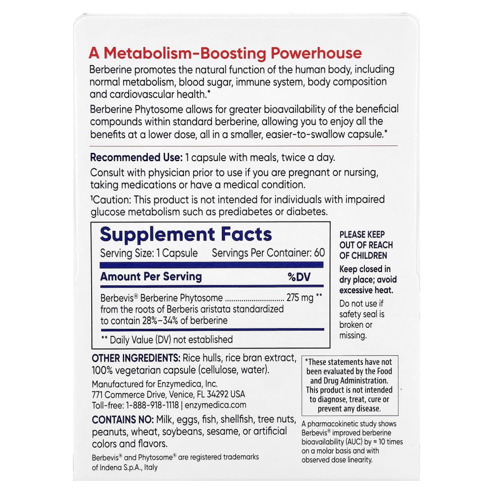 Enzymedica
Berberine Phytosome, 60 Capsules (275 mg per Capsule)
