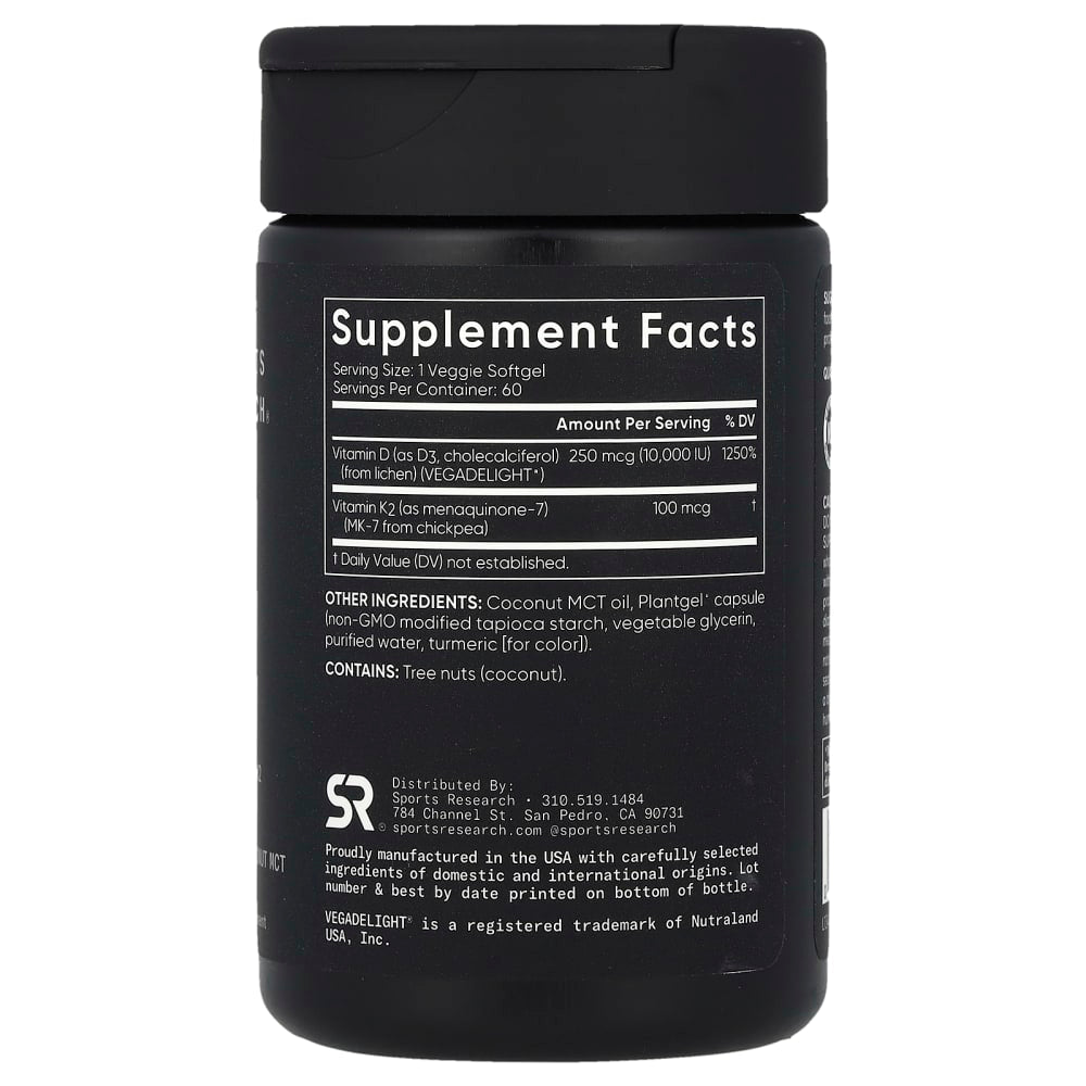 Sports Research
D3 + K2, Plant-Based, 250 mcg/100 mcg, 60 Veggie Softgels