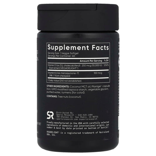 Sports Research
D3 + K2, Plant-Based, 250 mcg/100 mcg, 60 Veggie Softgels