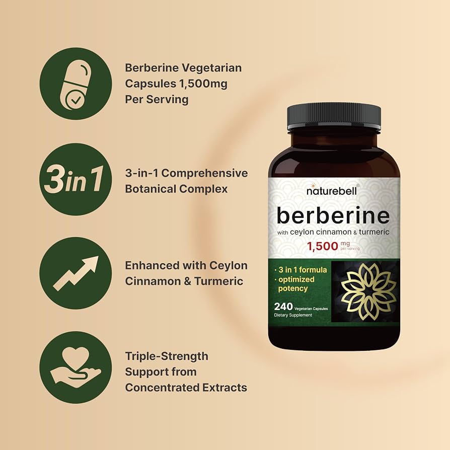 NatureBell Berberine Supplement 1,500mg with Ceylon Cinnamon & Turmeric Root, 480 Veggie Capsules