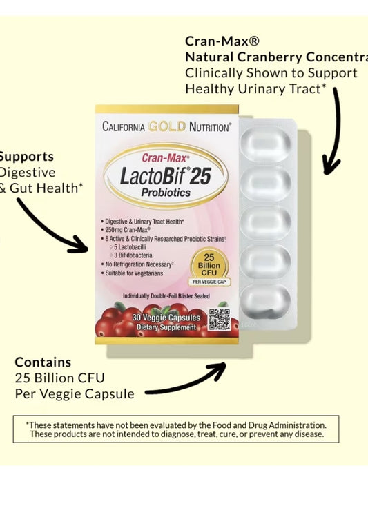 California Gold Nutrition CranMax® LactoBif® Probiotics, 25 Billion CFU, 30 Veggie Capsules