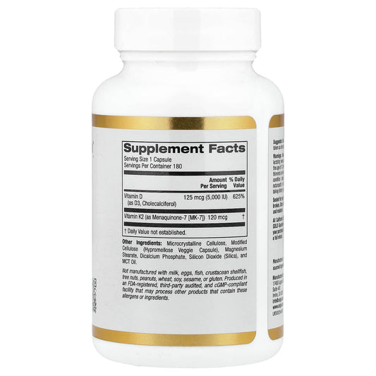 California Gold Nutrition
Vitamin D3 + K2 as MK-7, 180 Veggie Capsules