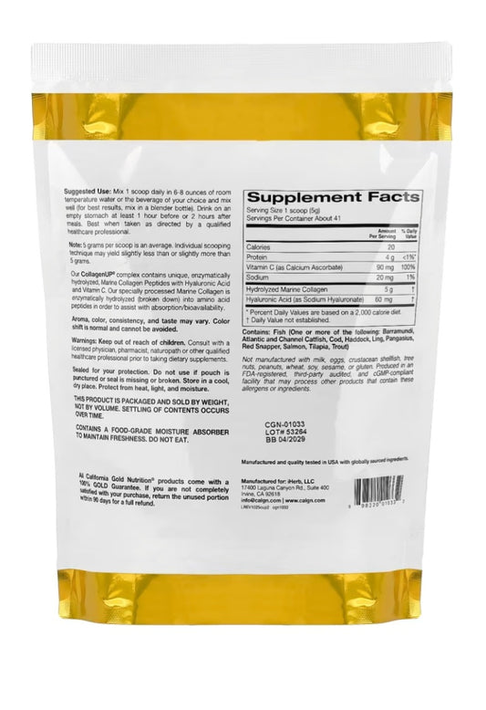 California Gold Nutrition CollagenUP®, Hydrolyzed Marine Collagen Peptides with Hyaluronic Acid and Vitamin C, Unflavored, 7.26 oz (206 g)