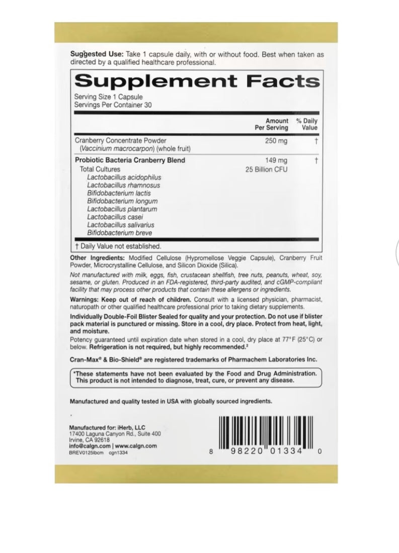 California Gold Nutrition CranMax® LactoBif® Probiotics, 25 Billion CFU, 30 Veggie Capsules